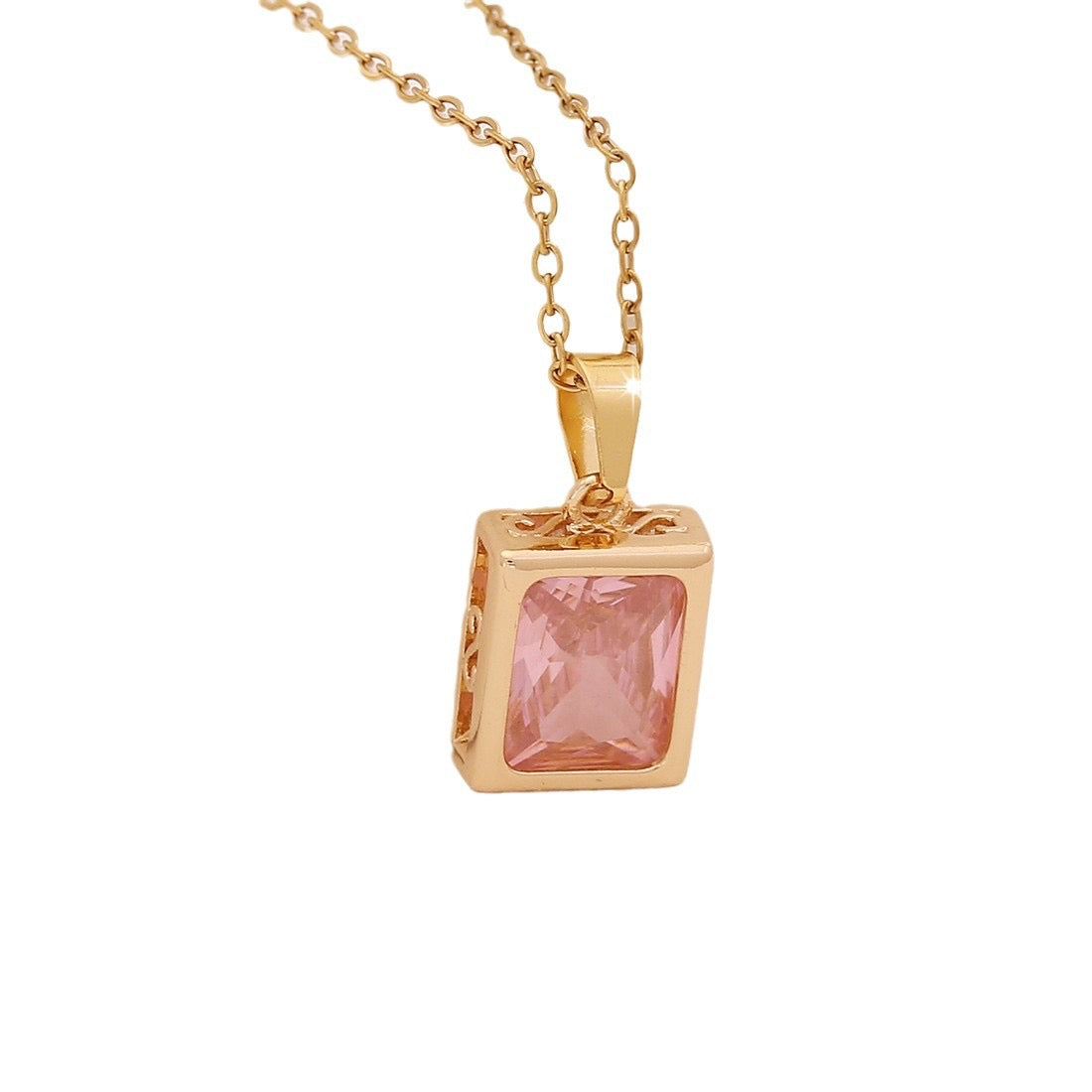 Pink Zircon Flower & Leaf Geometric Square Necklace