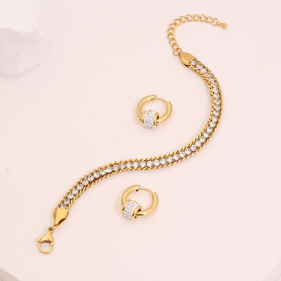 Full Zircon Heart Stainless Steel Bracelet Set