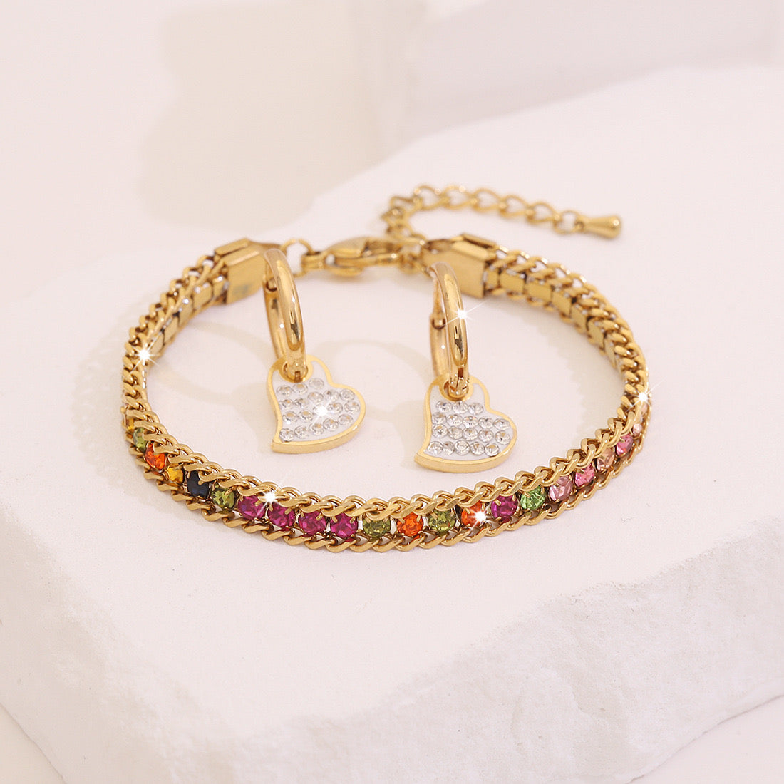 Full Zircon Heart Stainless Steel Bracelet Set