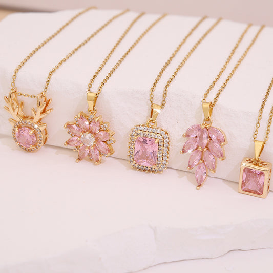 Pink Zircon Flower & Leaf Geometric Square Necklace