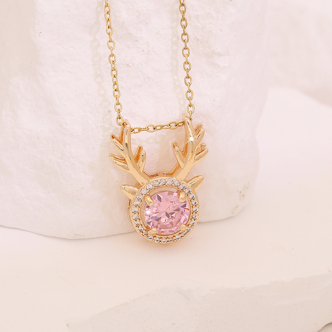 Pink Zircon Flower & Leaf Geometric Square Necklace