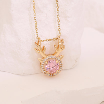 Pink Zircon Flower & Leaf Geometric Square Necklace
