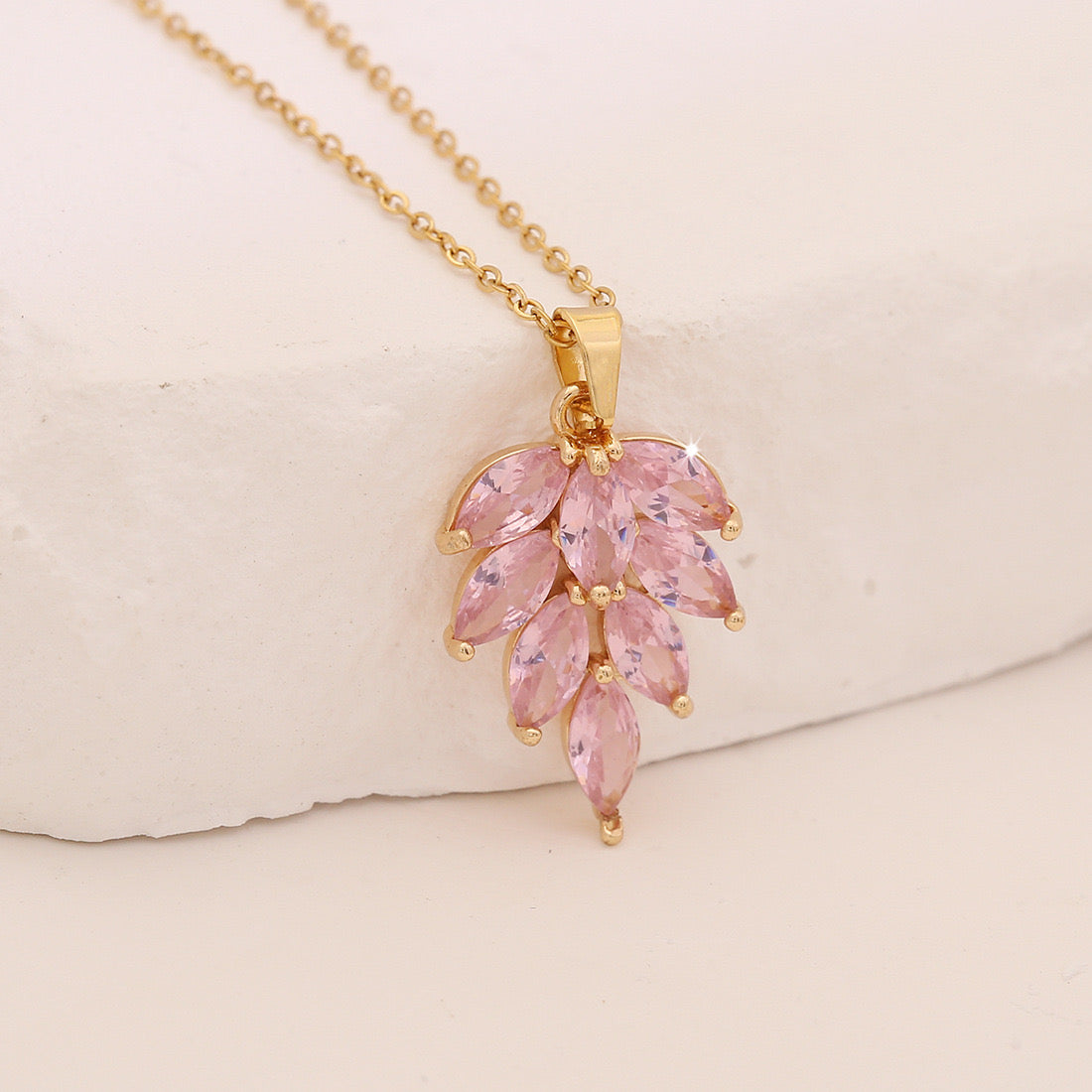 Pink Zircon Flower & Leaf Geometric Square Necklace