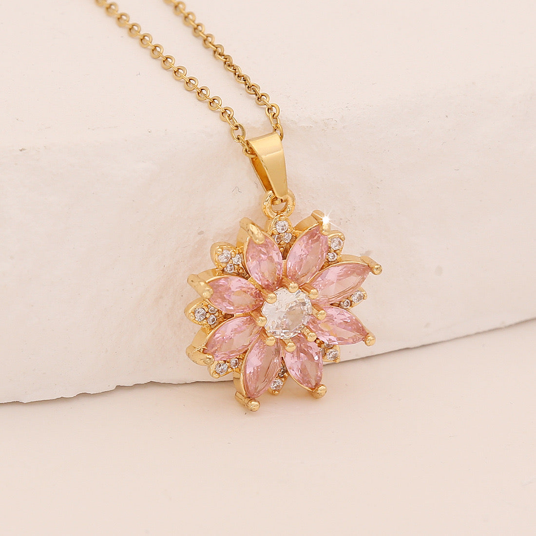 Pink Zircon Flower & Leaf Geometric Square Necklace
