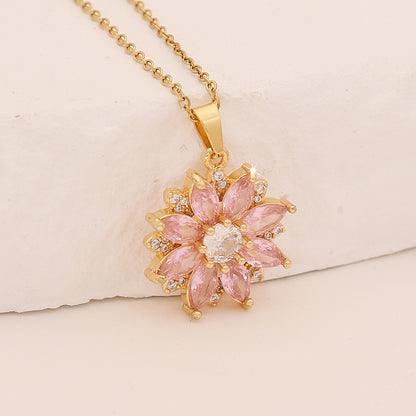 Pink Zircon Flower & Leaf Geometric Square Necklace