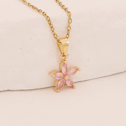 Pink Zircon Flower & Leaf Geometric Square Necklace