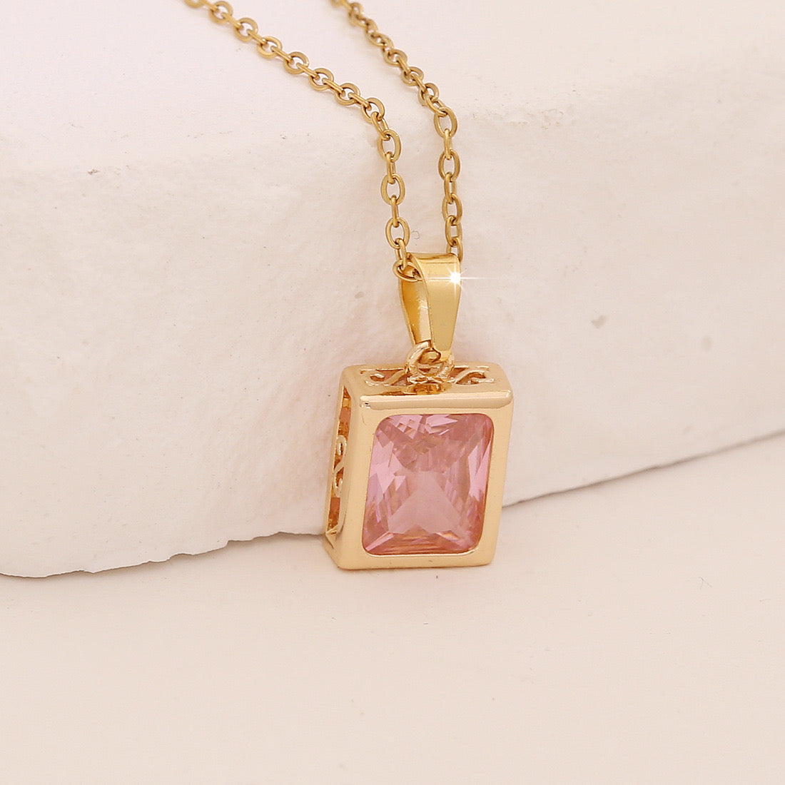 Pink Zircon Flower & Leaf Geometric Square Necklace