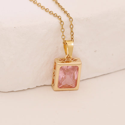 Pink Zircon Flower & Leaf Geometric Square Necklace