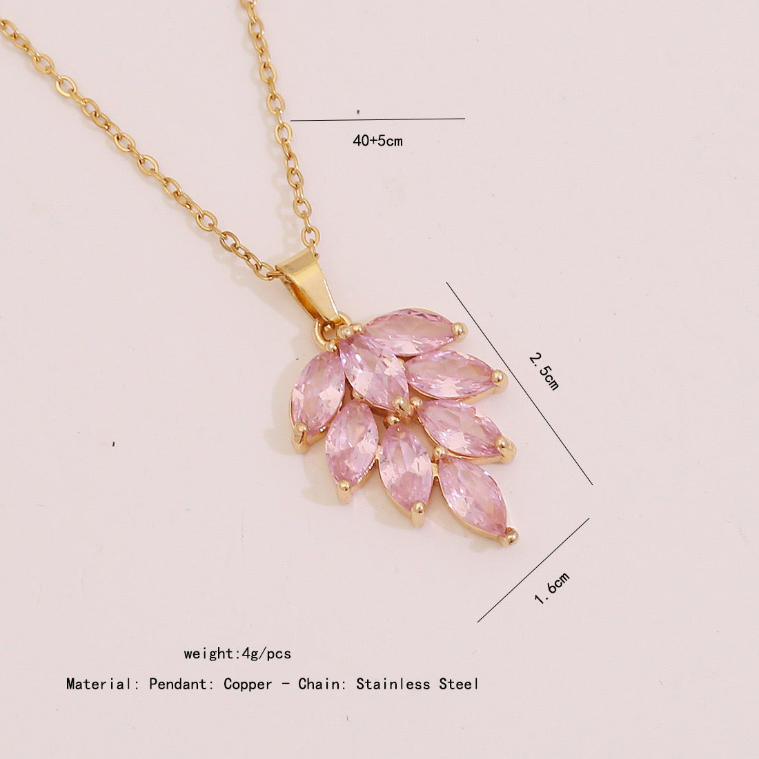 Pink Zircon Flower & Leaf Geometric Square Necklace