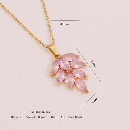 Pink Zircon Flower & Leaf Geometric Square Necklace