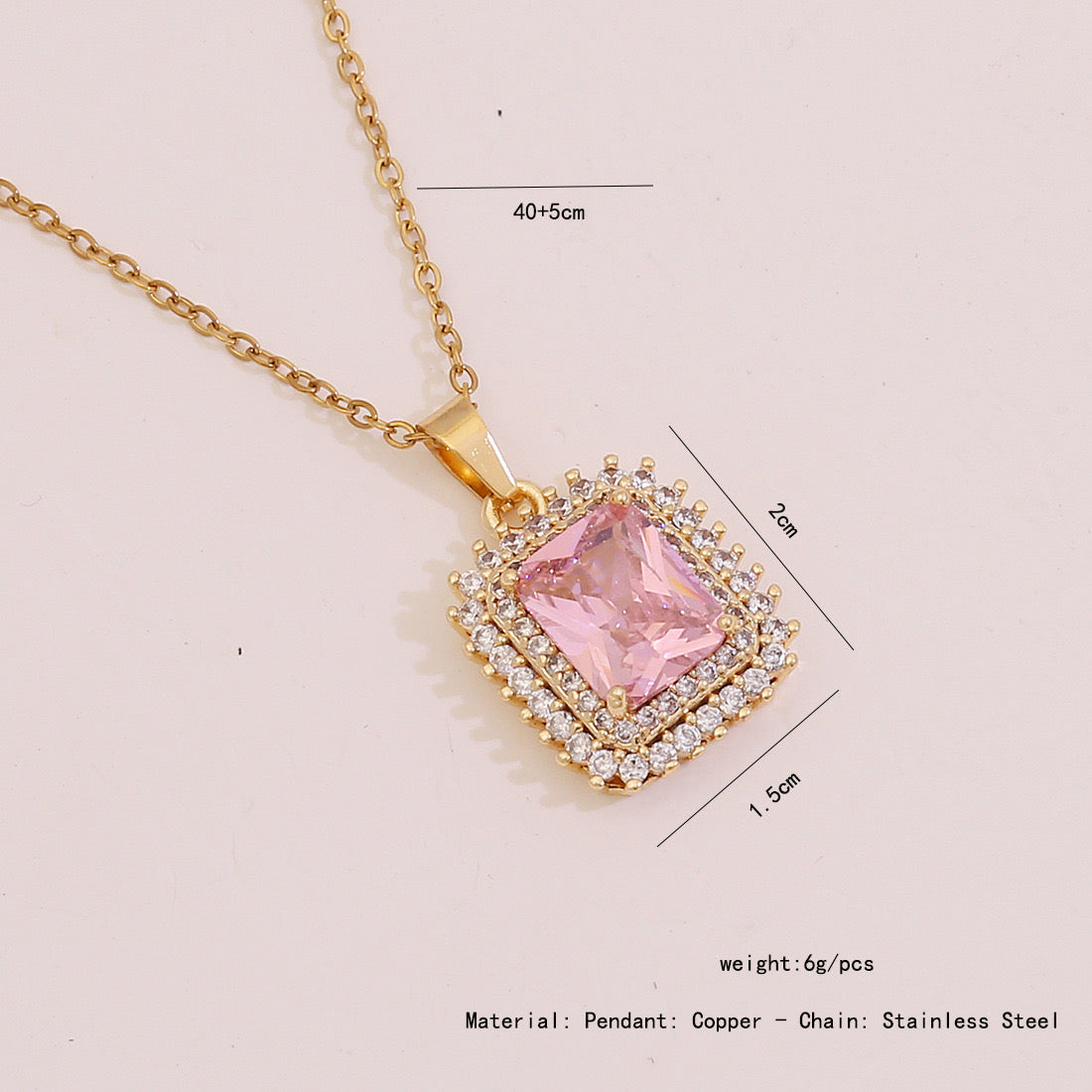 Pink Zircon Flower & Leaf Geometric Square Necklace