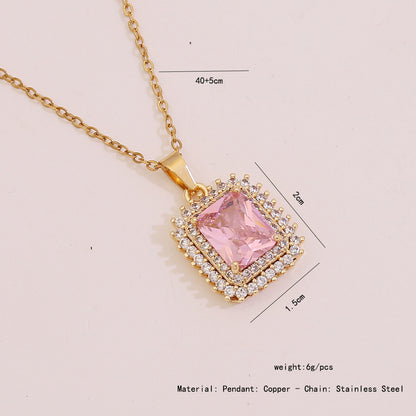 Pink Zircon Flower & Leaf Geometric Square Necklace