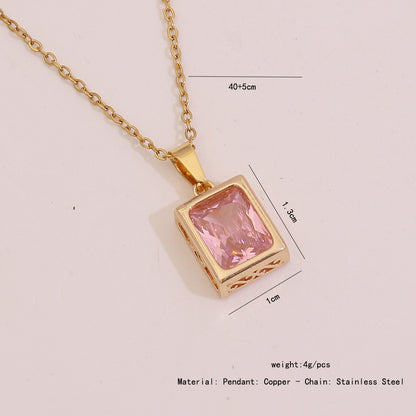 Pink Zircon Flower & Leaf Geometric Square Necklace