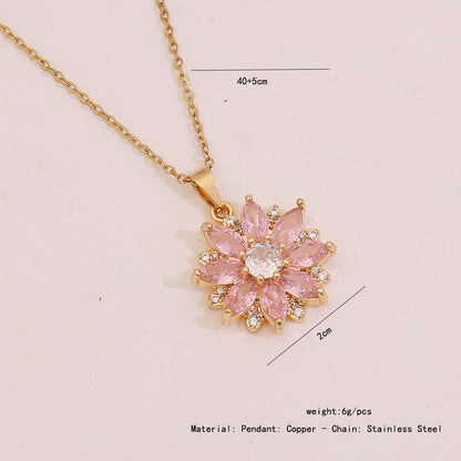 Pink Zircon Flower & Leaf Geometric Square Necklace