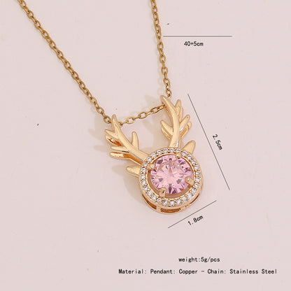 Pink Zircon Flower & Leaf Geometric Square Necklace