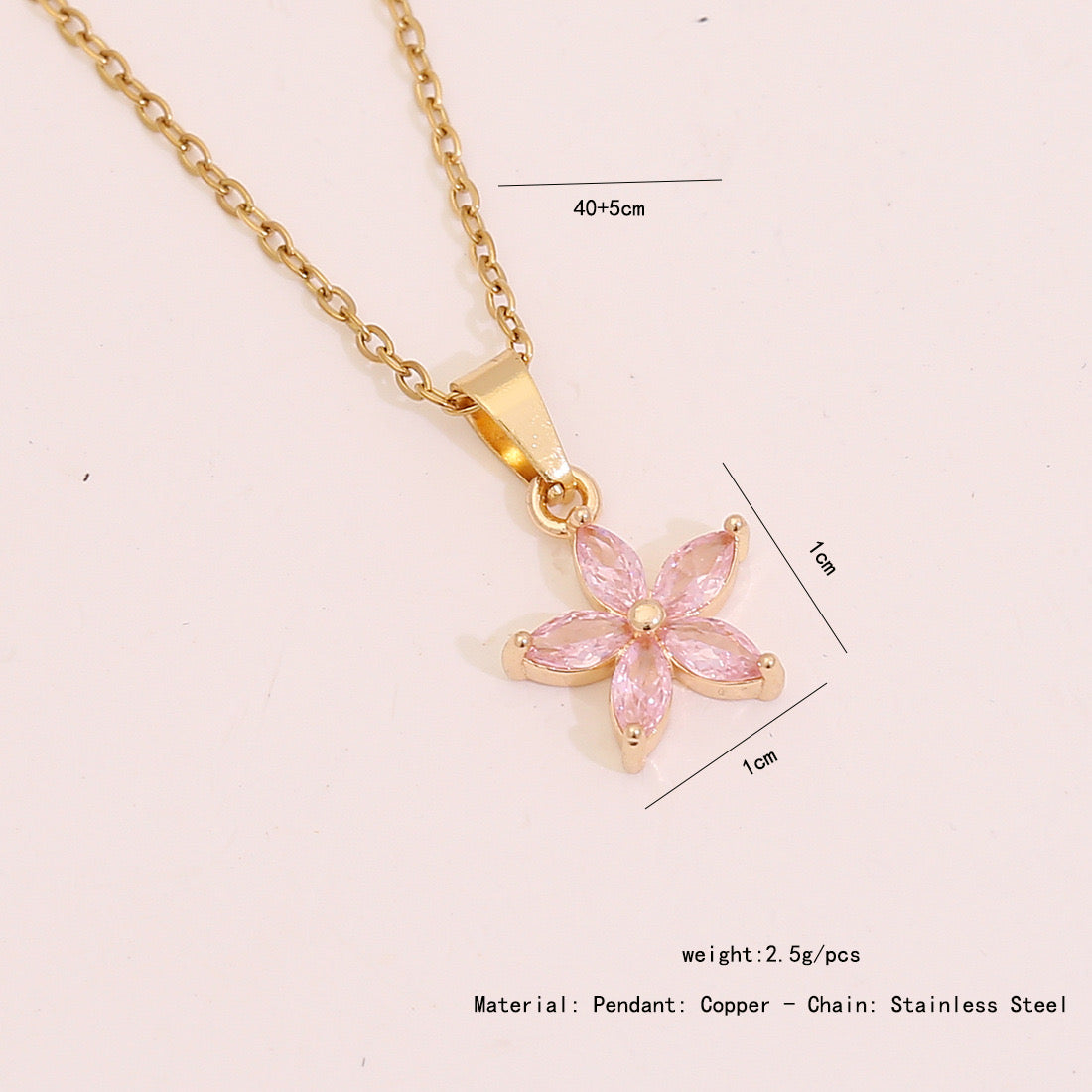 Pink Zircon Flower & Leaf Geometric Square Necklace