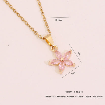 Pink Zircon Flower & Leaf Geometric Square Necklace