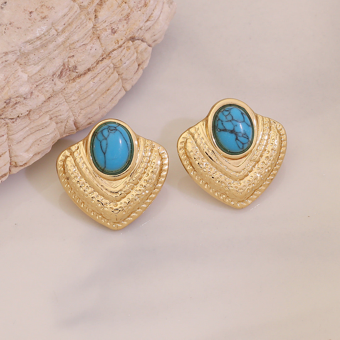 18K Gold Earrings with Turquoise Inlay