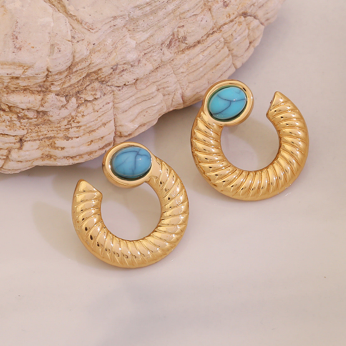 18K Gold Earrings with Turquoise Inlay