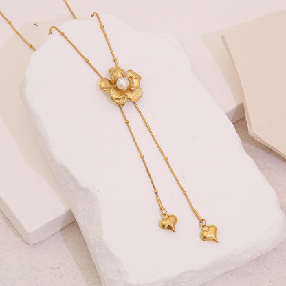 Faux Pearl Camellia Tassel Necklace