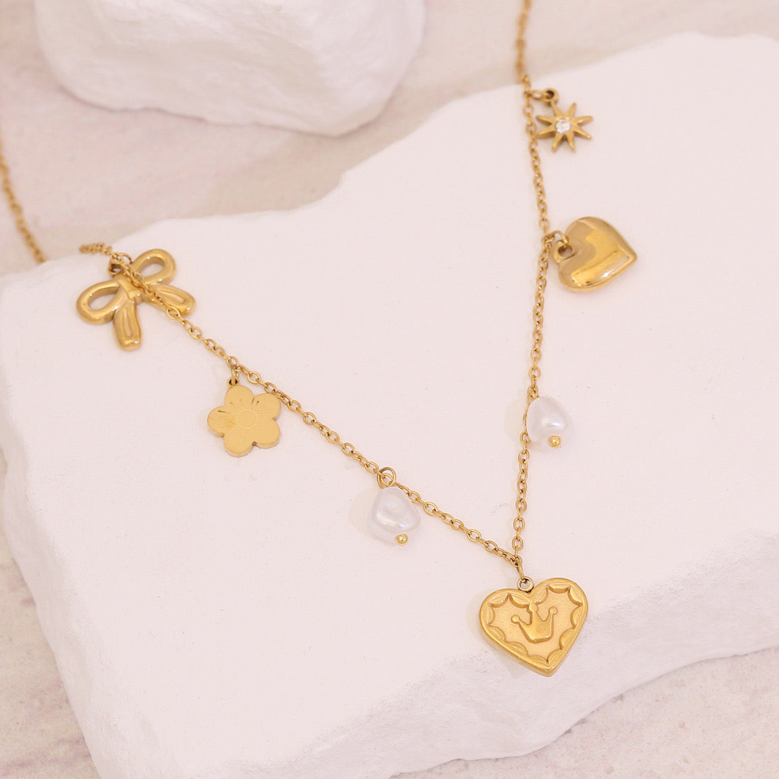 Heart, Bow & Cross Elephant Pendant Necklace