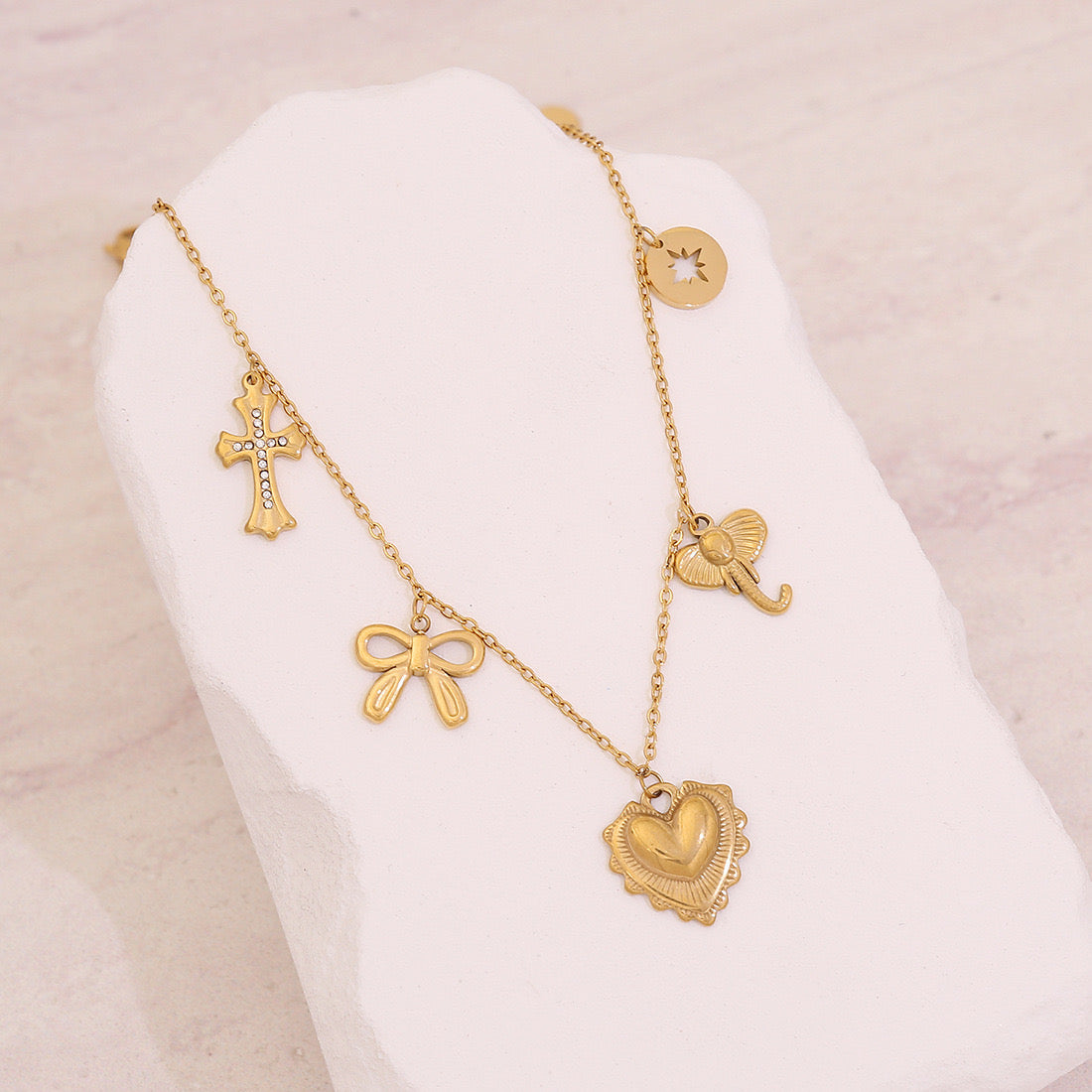 Heart, Bow & Cross Elephant Pendant Necklace