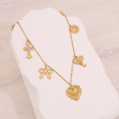 Heart, Bow & Cross Elephant Pendant Necklace