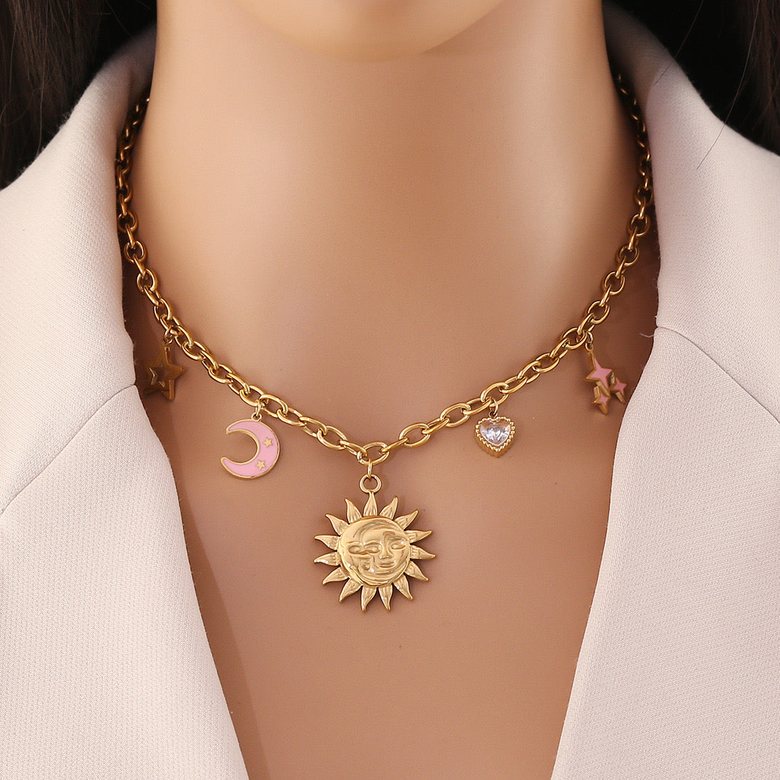 Sun, Star & Moon Stainless Steel Necklace