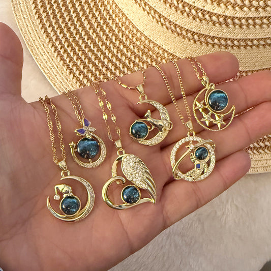 Rhinestone Planet & Wings Heart Necklace