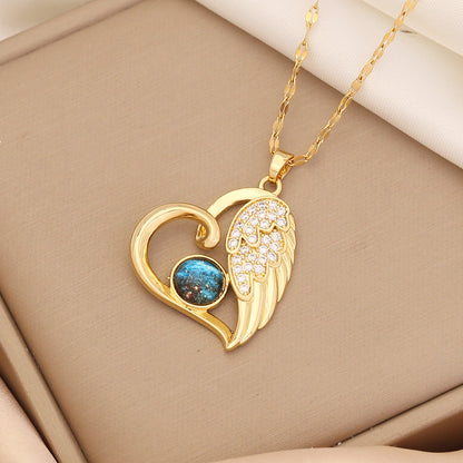 Rhinestone Planet & Wings Heart Necklace