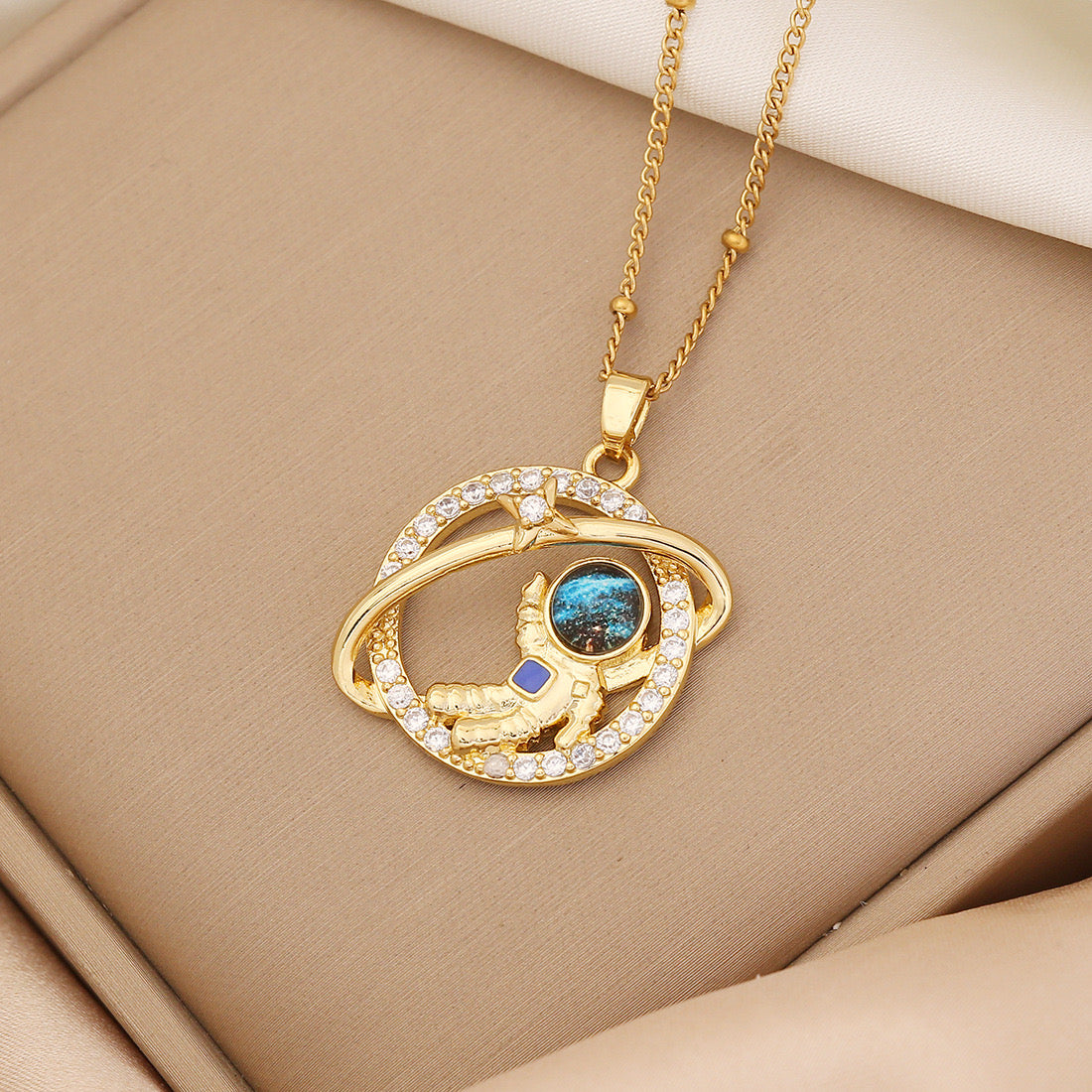 Rhinestone Planet & Wings Heart Necklace