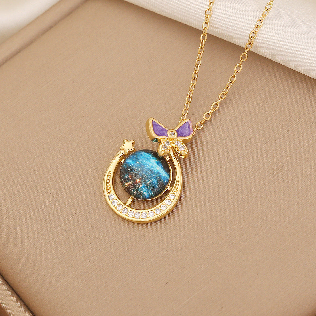 Rhinestone Planet & Wings Heart Necklace