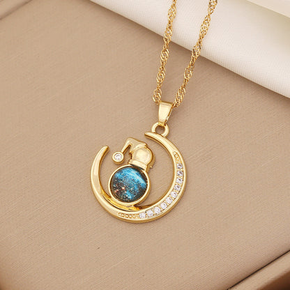 Rhinestone Planet & Wings Heart Necklace