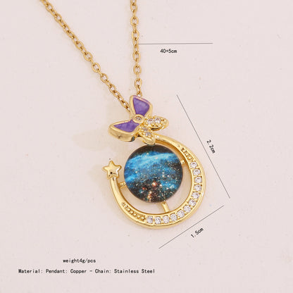 Rhinestone Planet & Wings Heart Necklace
