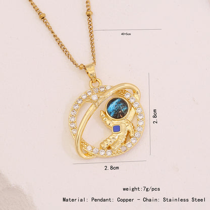 Rhinestone Planet & Wings Heart Necklace