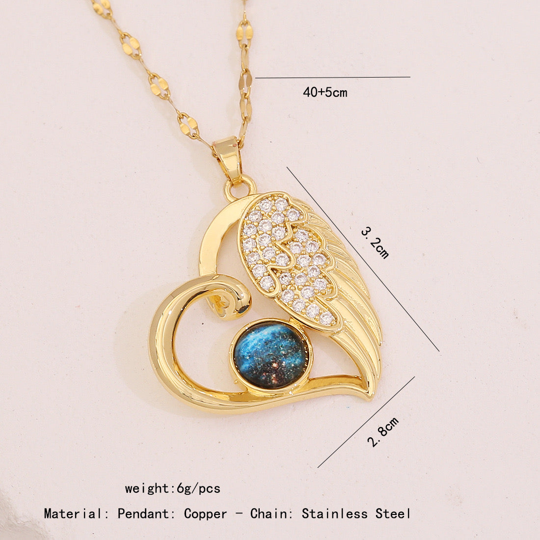 Rhinestone Planet & Wings Heart Necklace