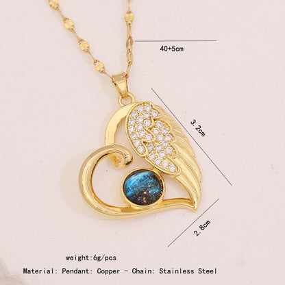 Rhinestone Planet & Wings Heart Necklace