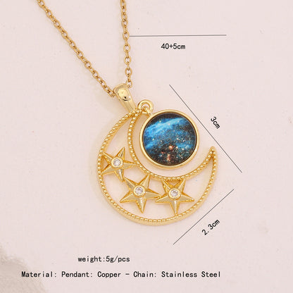 Rhinestone Planet & Wings Heart Necklace