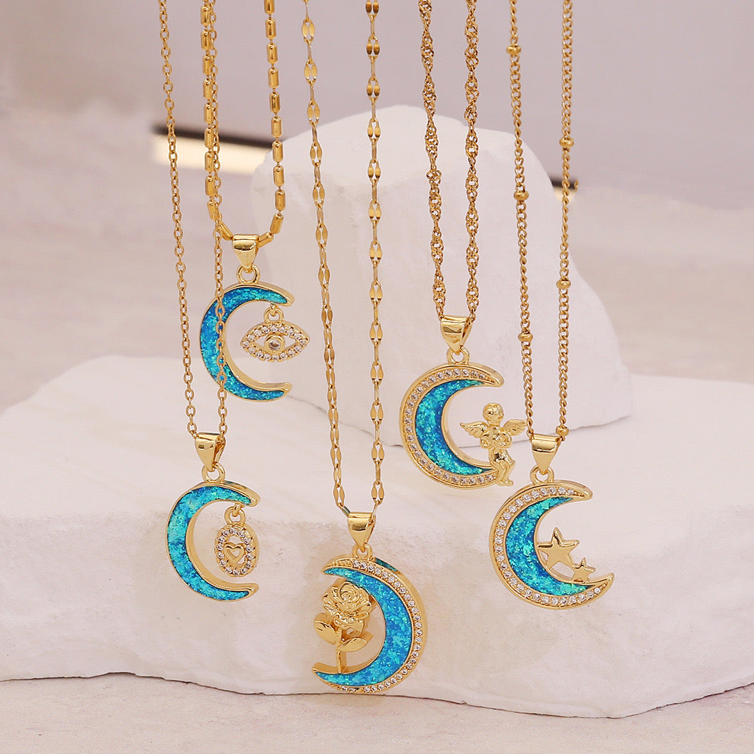 Faux Opal Moon & Star Pendant Necklace