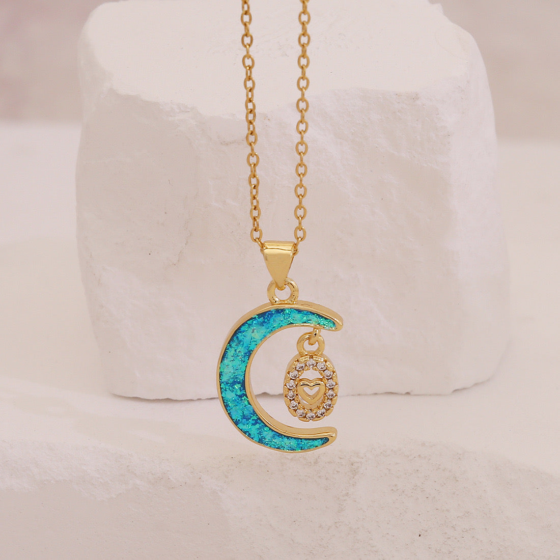 Faux Opal Moon & Star Pendant Necklace