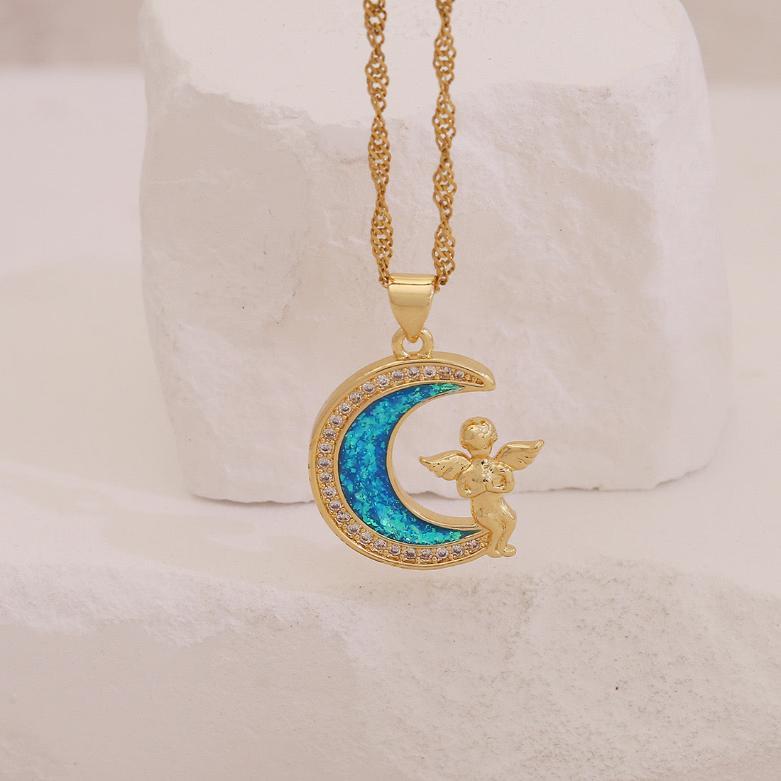Faux Opal Moon & Star Pendant Necklace