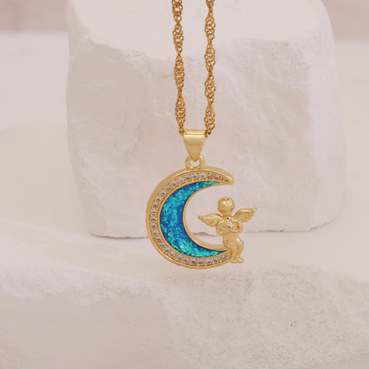 Faux Opal Moon & Star Pendant Necklace