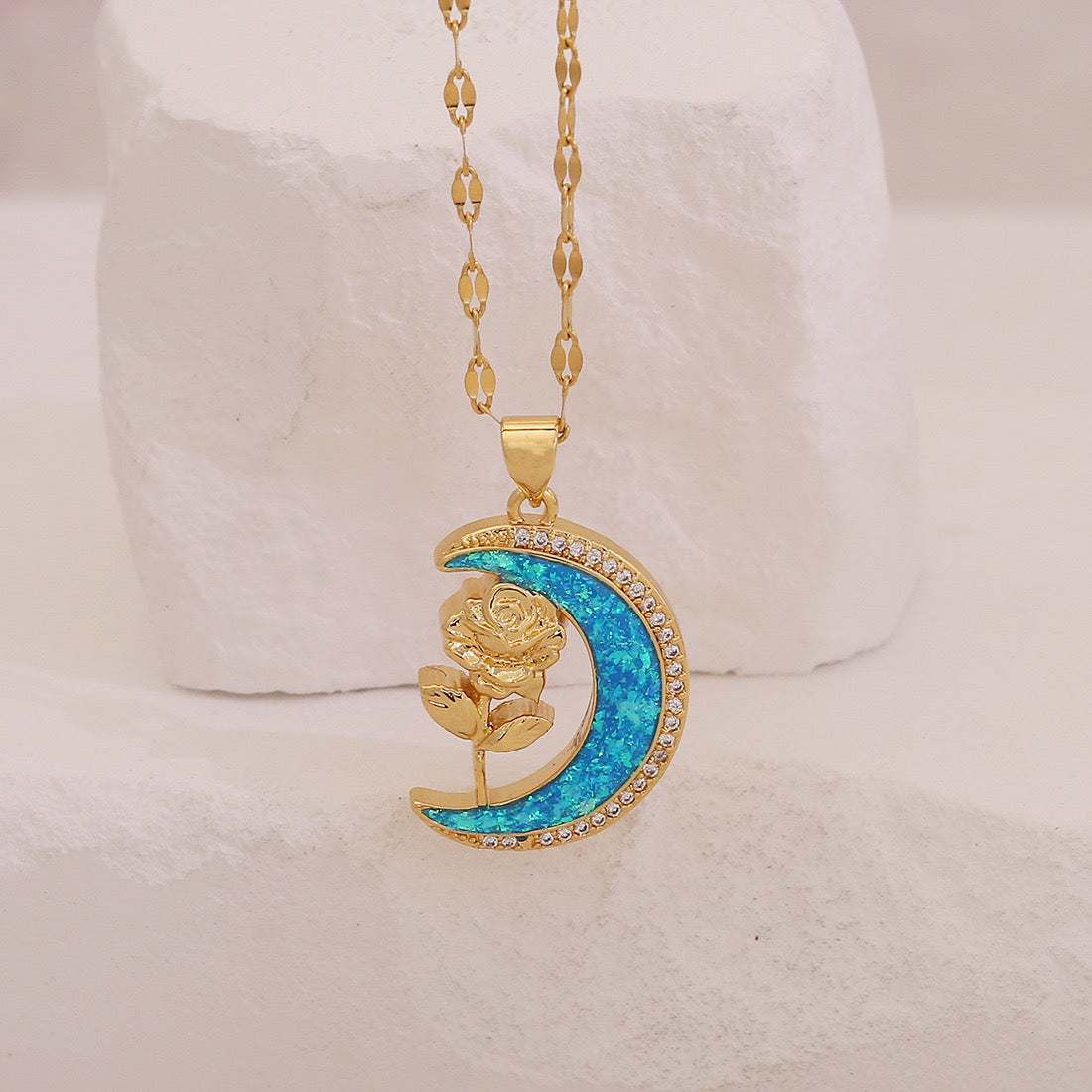 Faux Opal Moon & Star Pendant Necklace