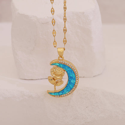 Faux Opal Moon & Star Pendant Necklace