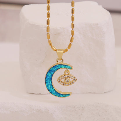 Faux Opal Moon & Star Pendant Necklace
