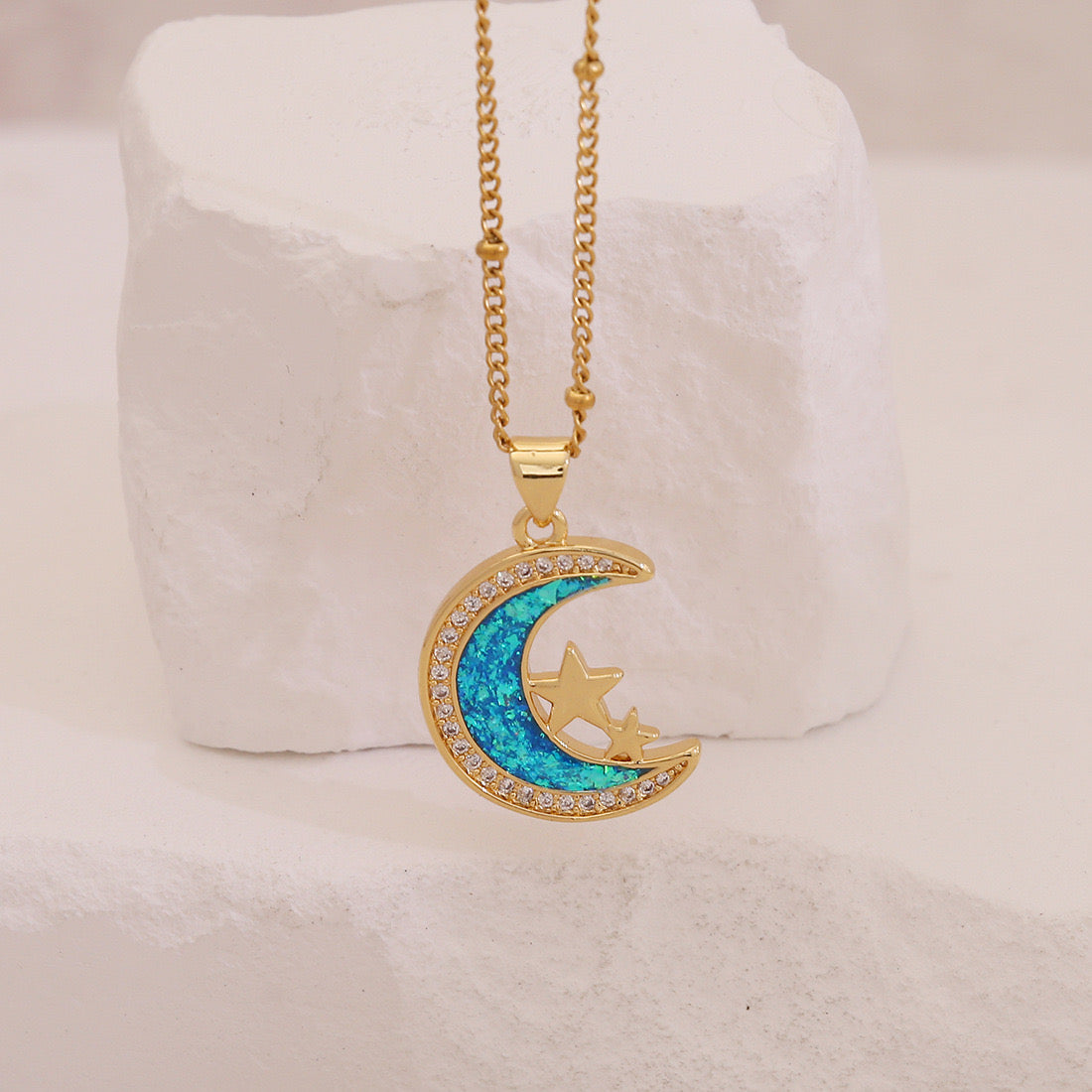 Faux Opal Moon & Star Pendant Necklace