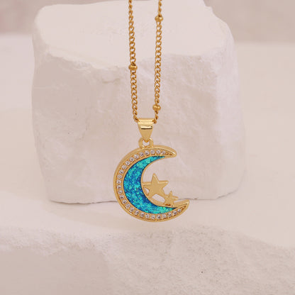 Faux Opal Moon & Star Pendant Necklace
