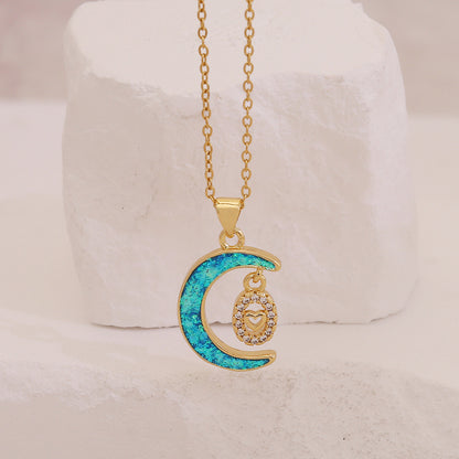 Faux Opal Moon & Star Pendant Necklace