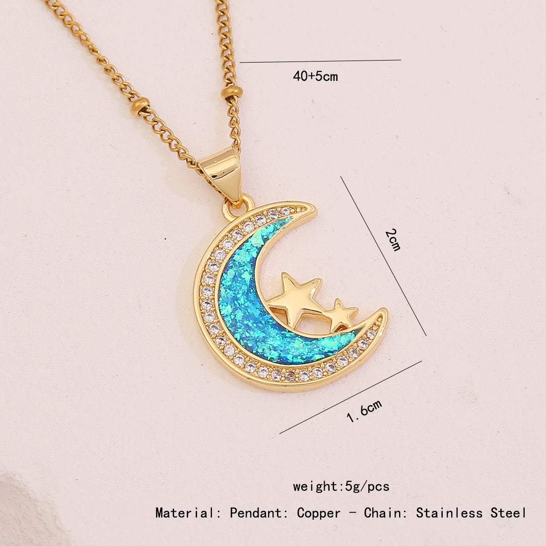 Faux Opal Moon & Star Pendant Necklace