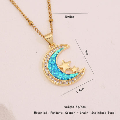 Faux Opal Moon & Star Pendant Necklace